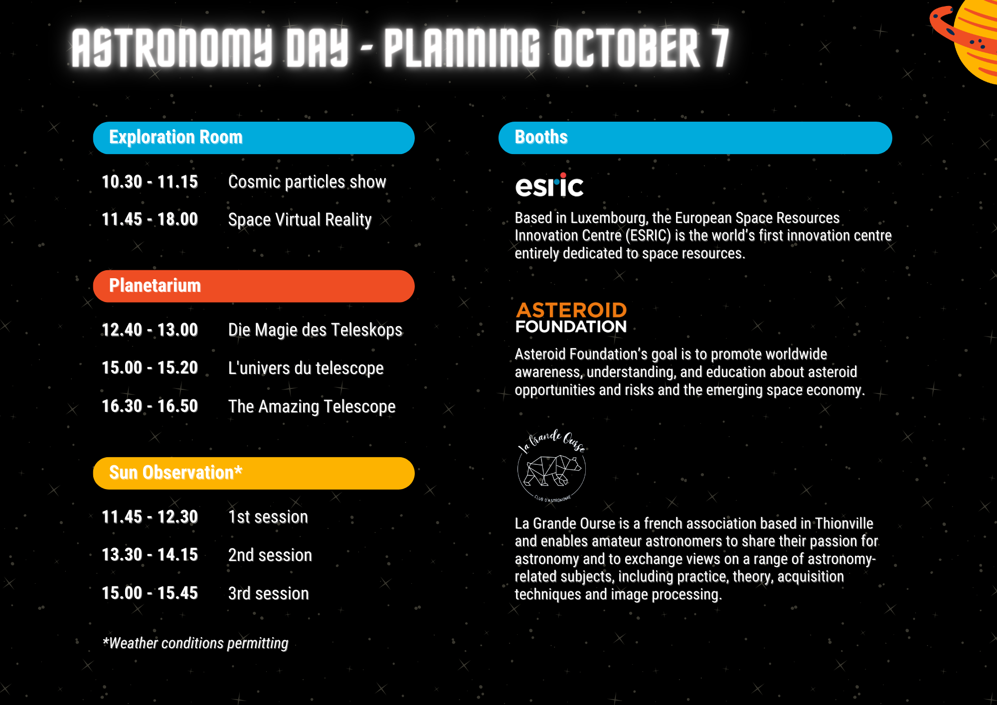 Planning Exploration Room, Planetarium, Sun Observation and Booths