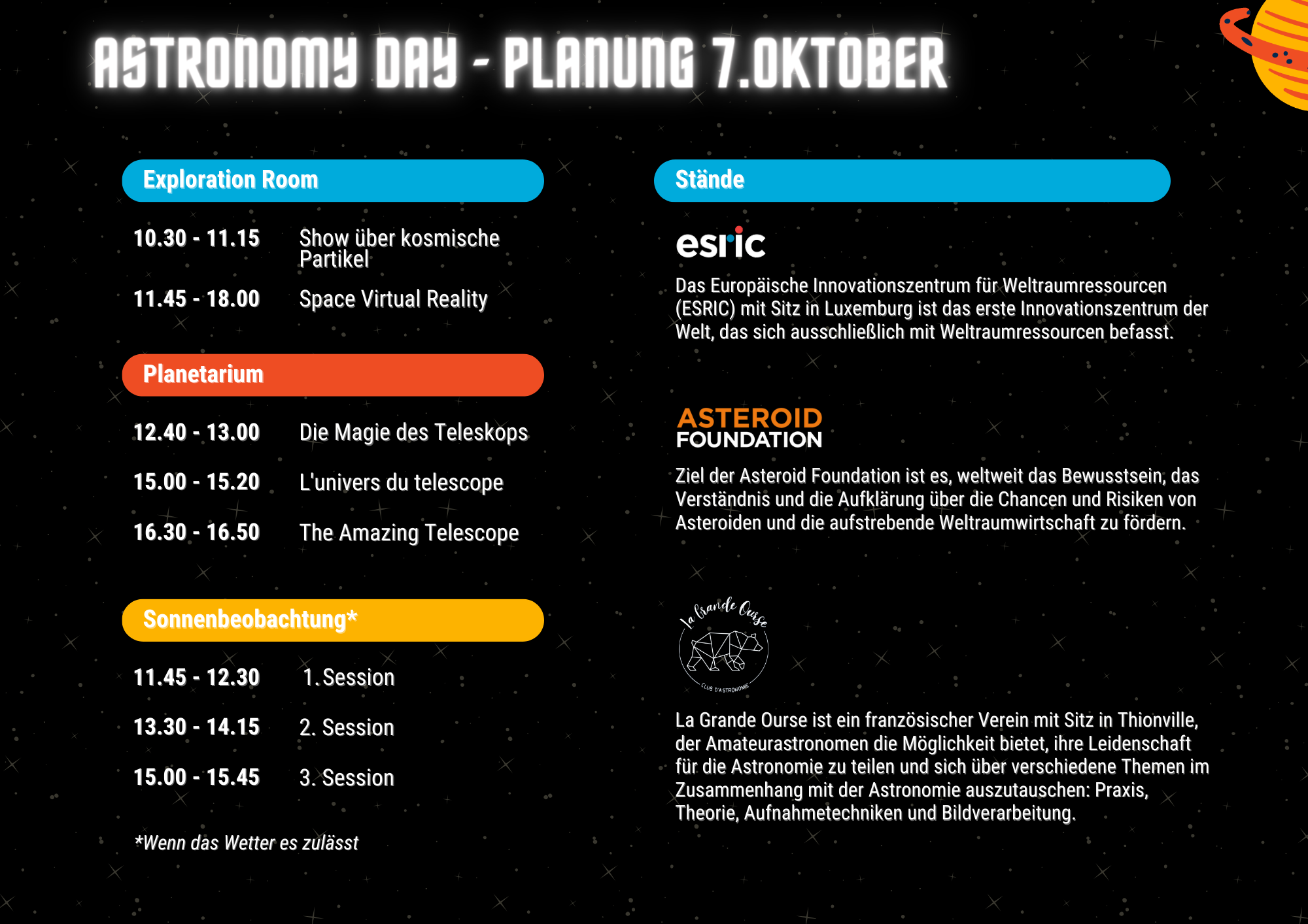 Planung Entdeckerraum, Planetarium, Sonnenbeobachtung und Stände